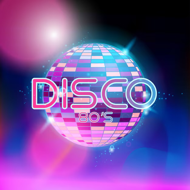 80’s Disco logo with mirror ball.